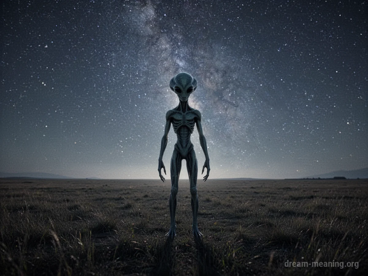Silhouette of an alien figure in a field at night.