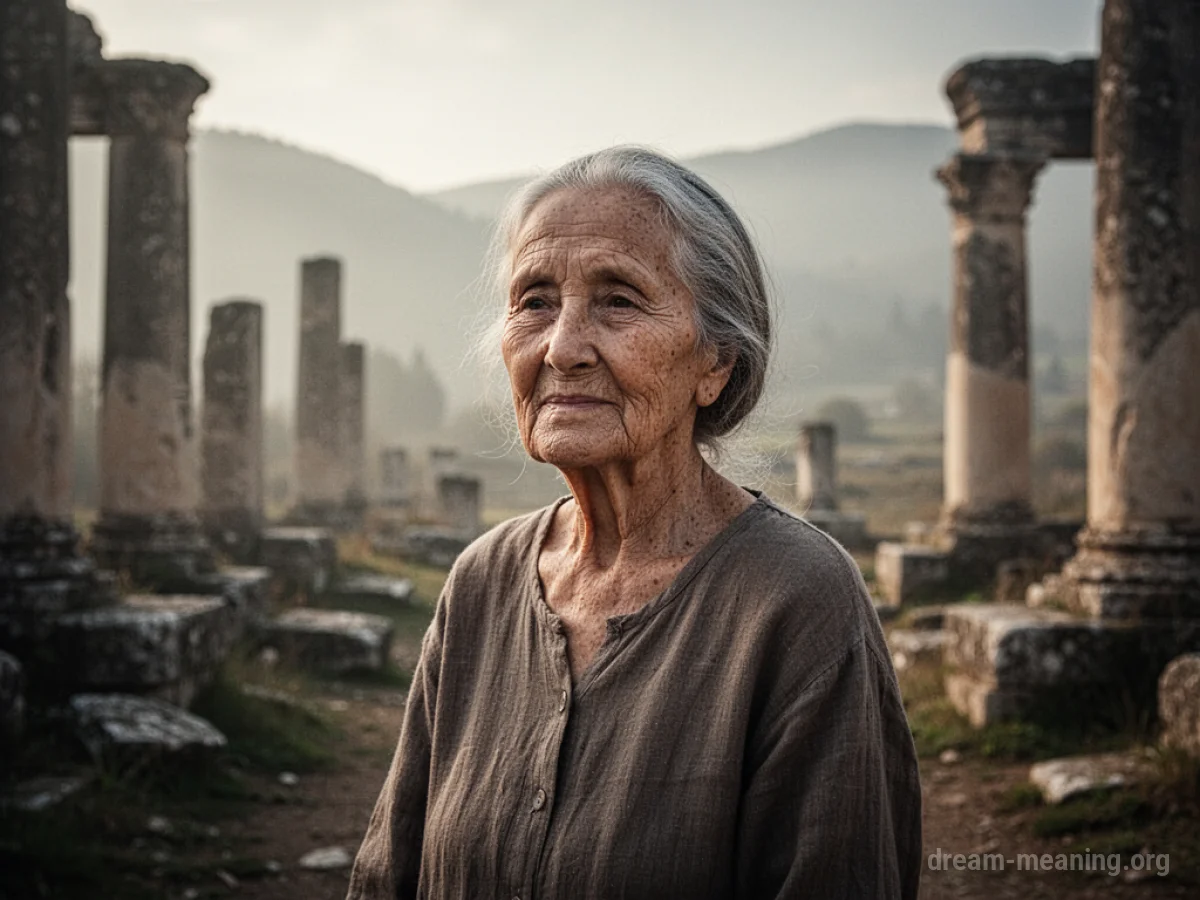 An elderly woman with a peaceful face in a softly lit, ambiguous setting.