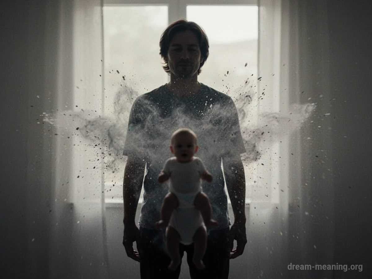 Silhouette of a person and a baby figure with abstract splatters.
