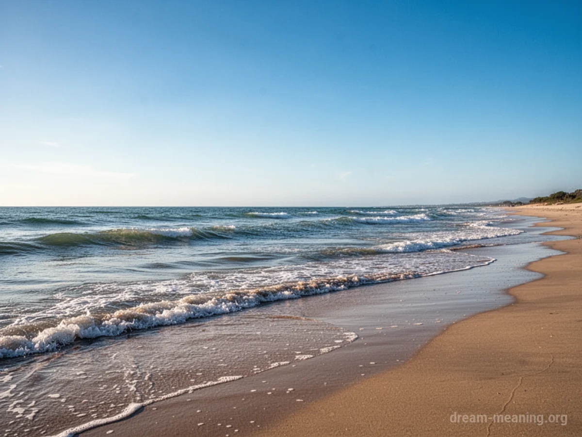 A tranquil beach scene with soft sand and calm ocean water.