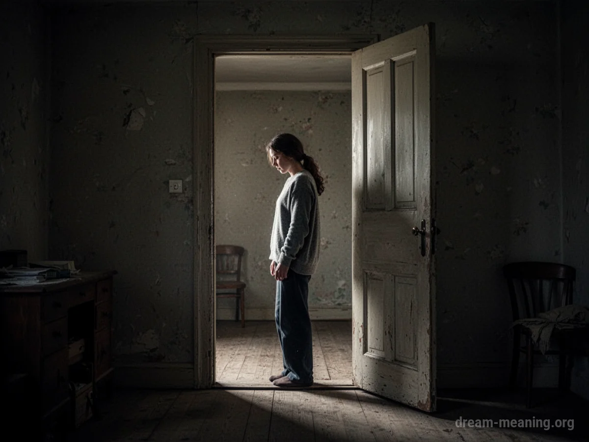 A person standing in a doorway looking into an unfamiliar room.