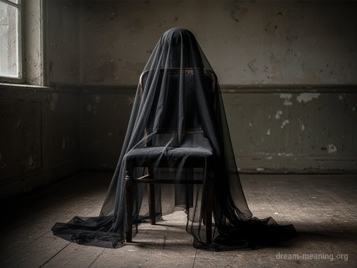 A black veil hangs over an empty chair.