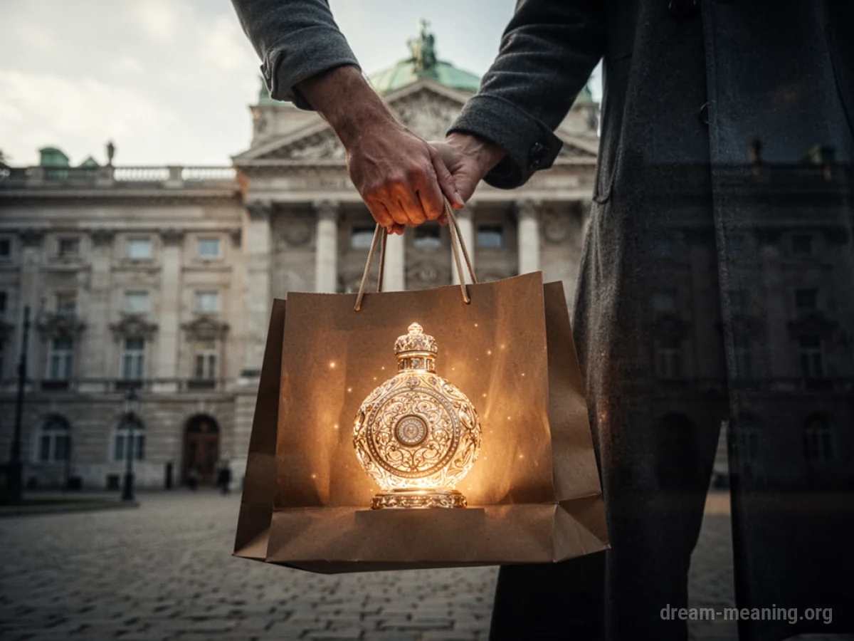 Person holding a shopping bag with a glowing item.