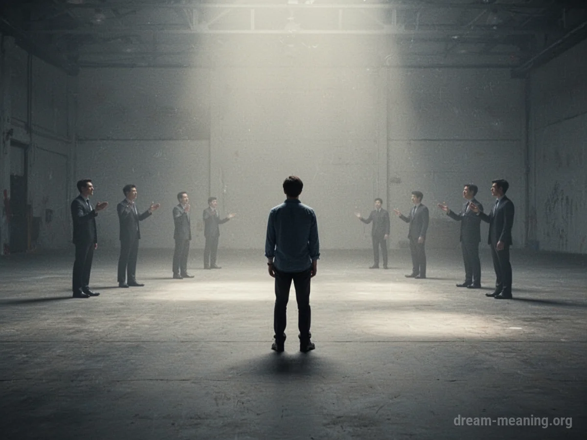 A single person stands in a large, empty, gray space, with indistinct shapes in the background.