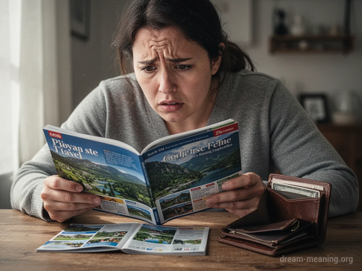 Person looking at travel brochure with empty wallet.