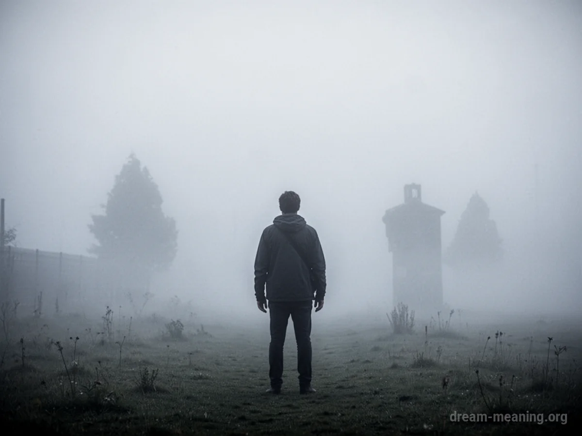 A person stands in thick fog, with only faint shapes visible ahead.