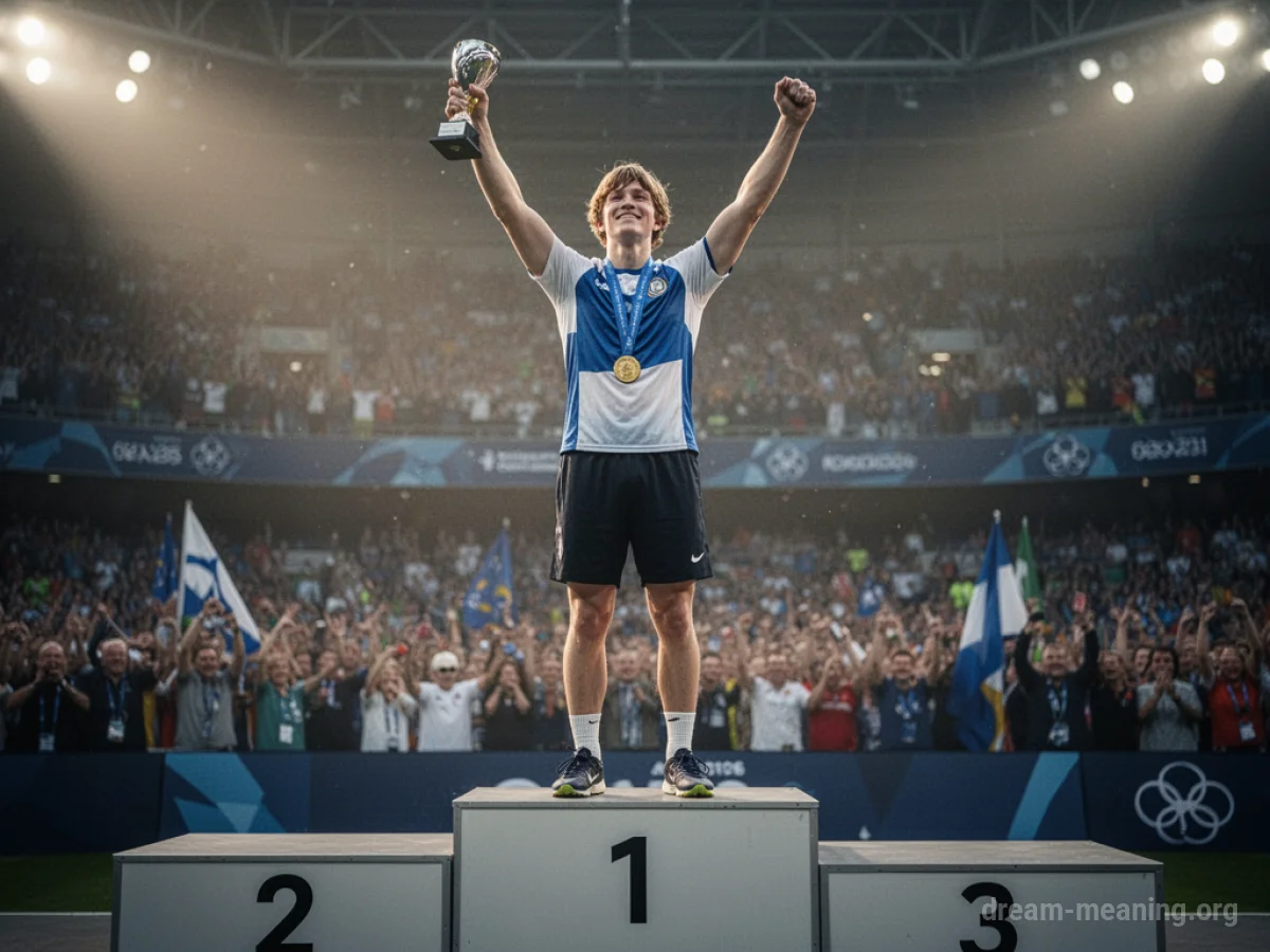 A person on a podium raising their arms in the air.