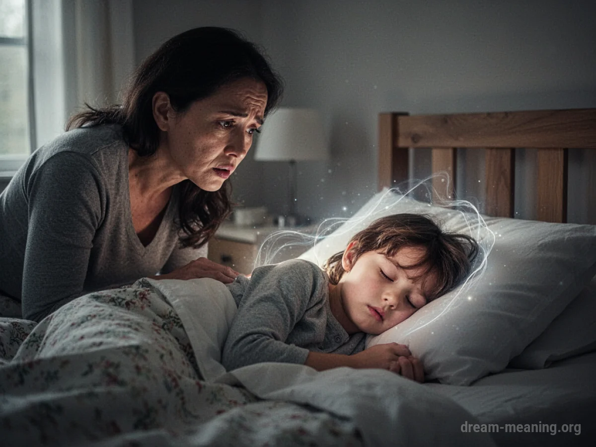 A parent watching over a sleeping child in bed.