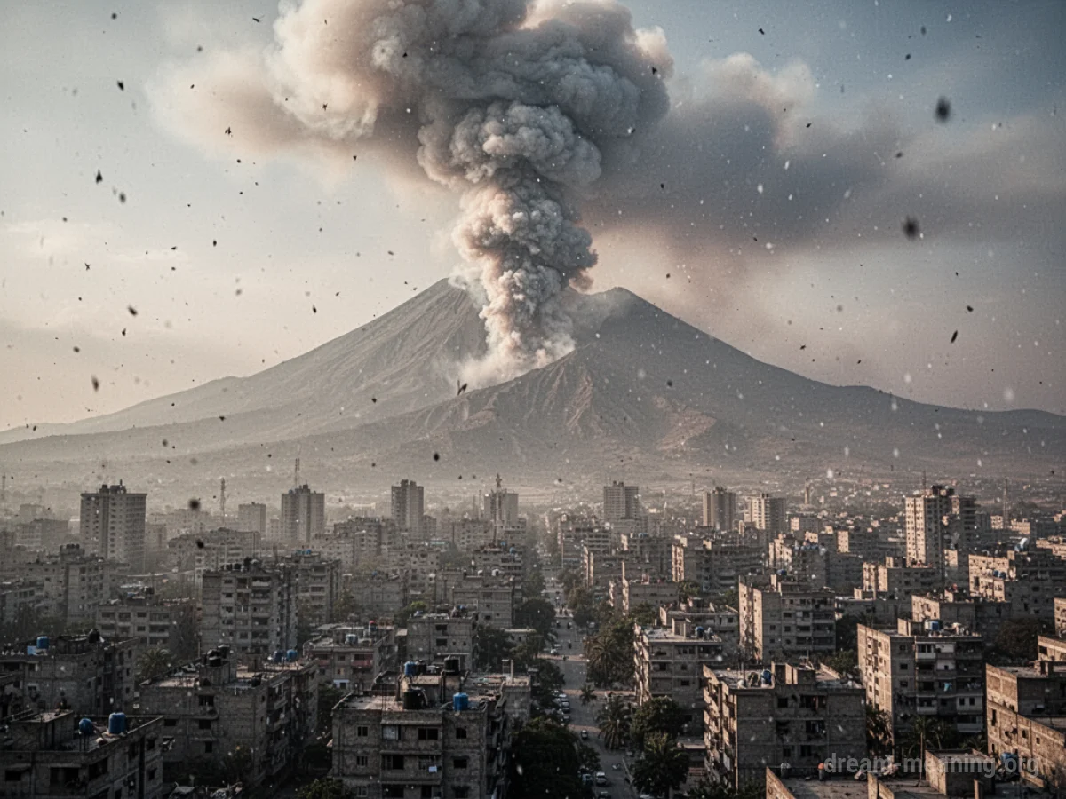 A city skyline with smoke rising from a distant volcano and ash falling.