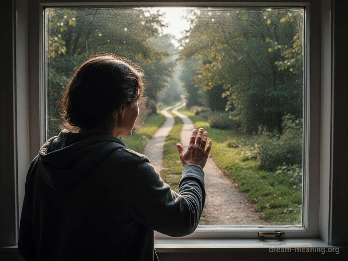 Person looking through a clear window at a bright path.