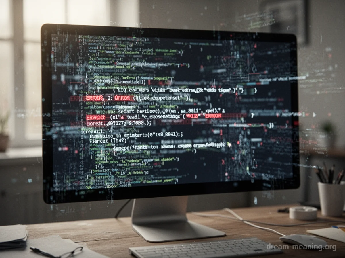 A digital screen displaying fragmented code and error symbols.