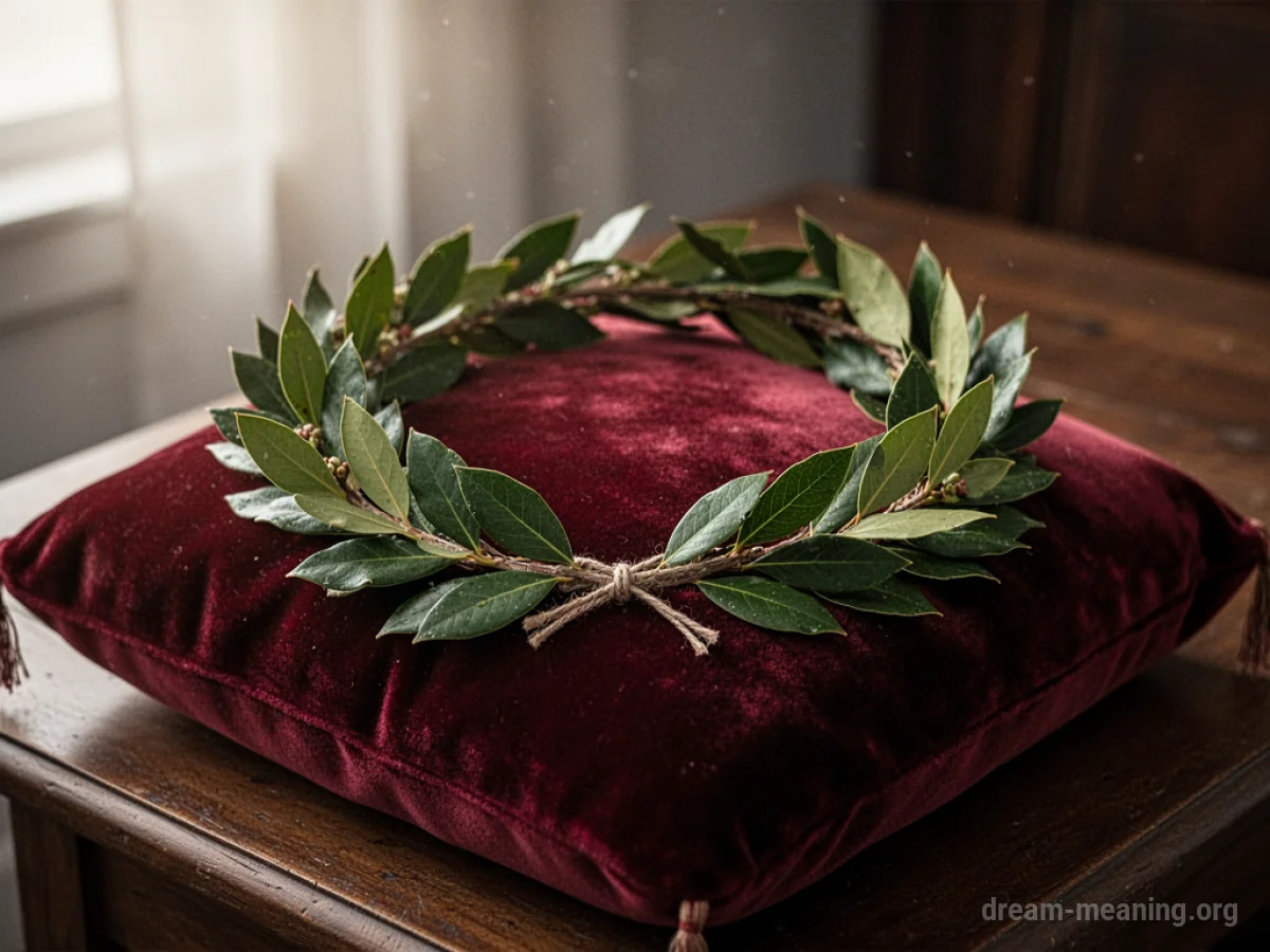 A golden laurel wreath placed on a dark blue velvet cushion.