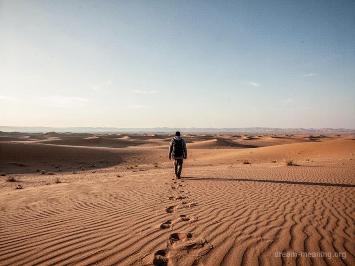 A single person walking across a sandy desert towards the horizon.