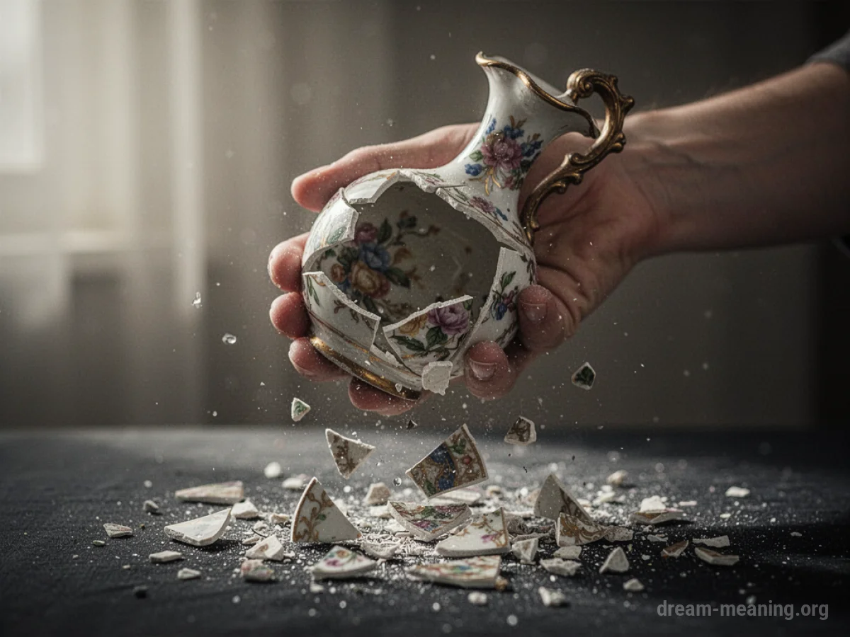 A hand dropping pieces of a broken vase.