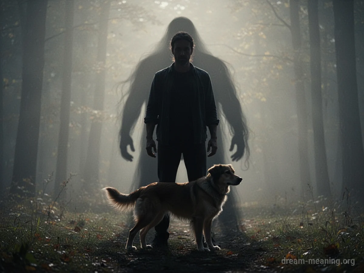 Silhouette of a person shielding a dog from an unseen threat.