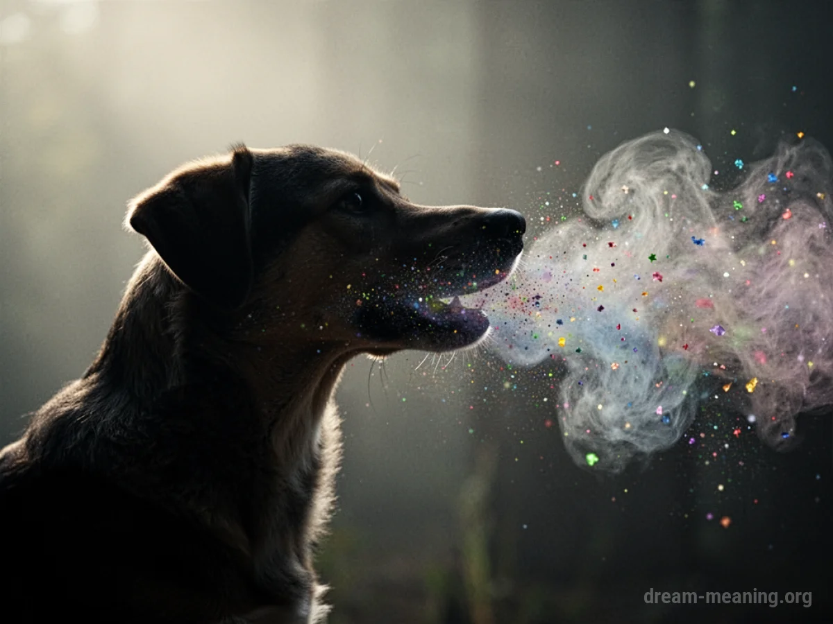 Silhouette of a dog with a cloud of particles coming from its mouth.