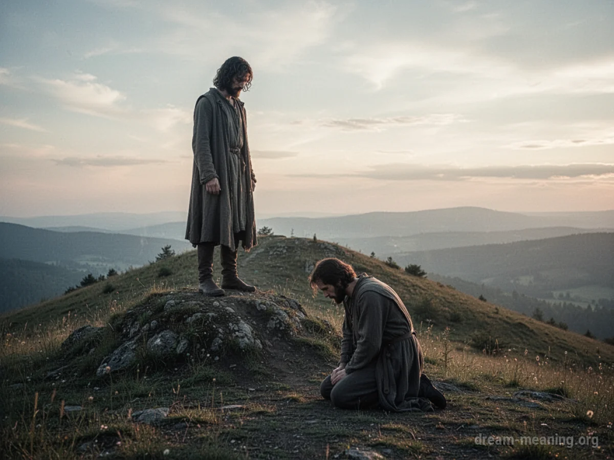 One person kneeling before another standing figure.