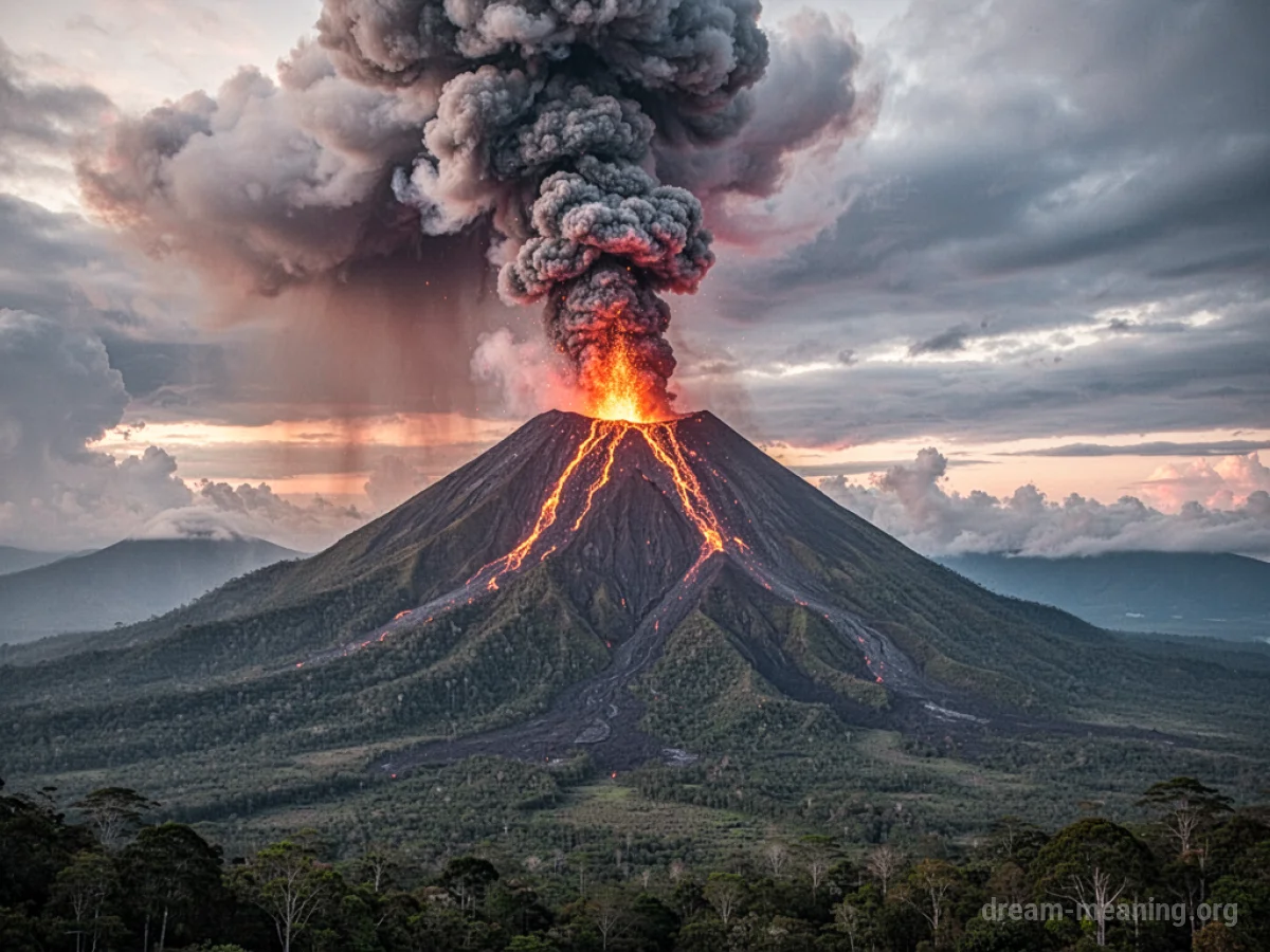 A volcano actively erupting with molten lava flowing down its sides.