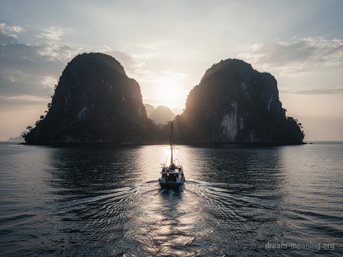 A small boat sailing away from a dark land towards a bright horizon.