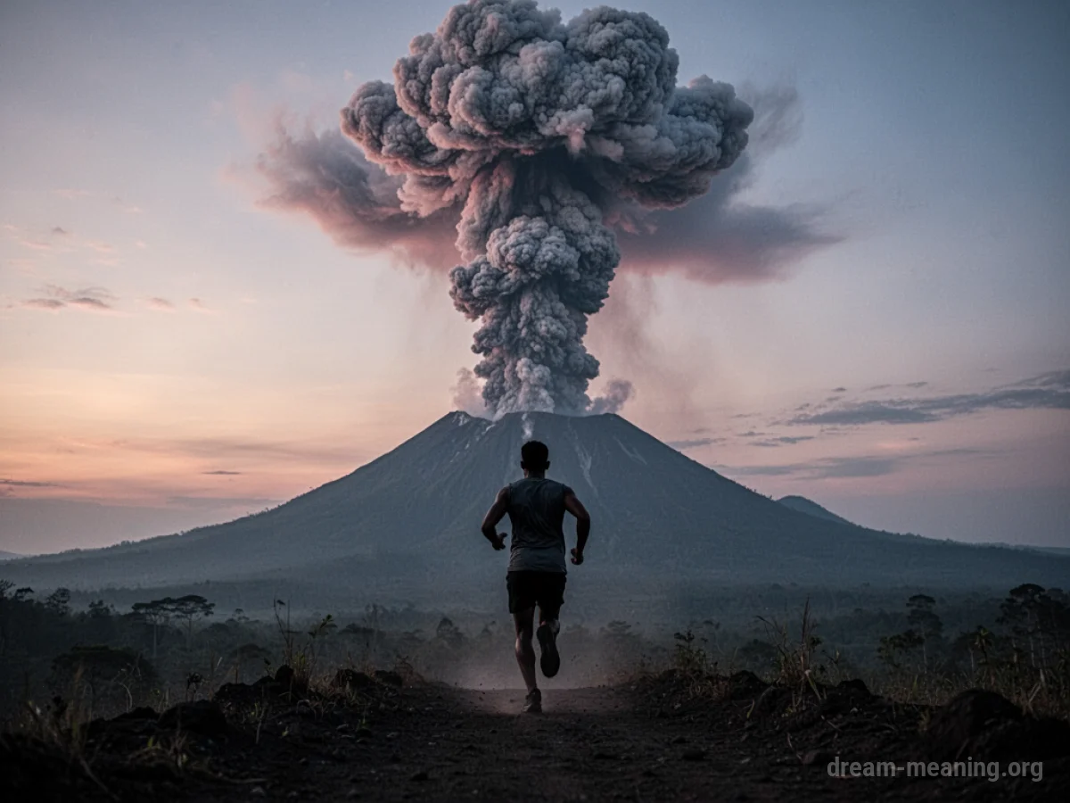 Silhouette of a person running from a smoking volcano under a dark sky.