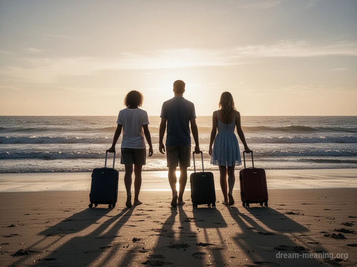A family walking away from the viewer towards a bright horizon.