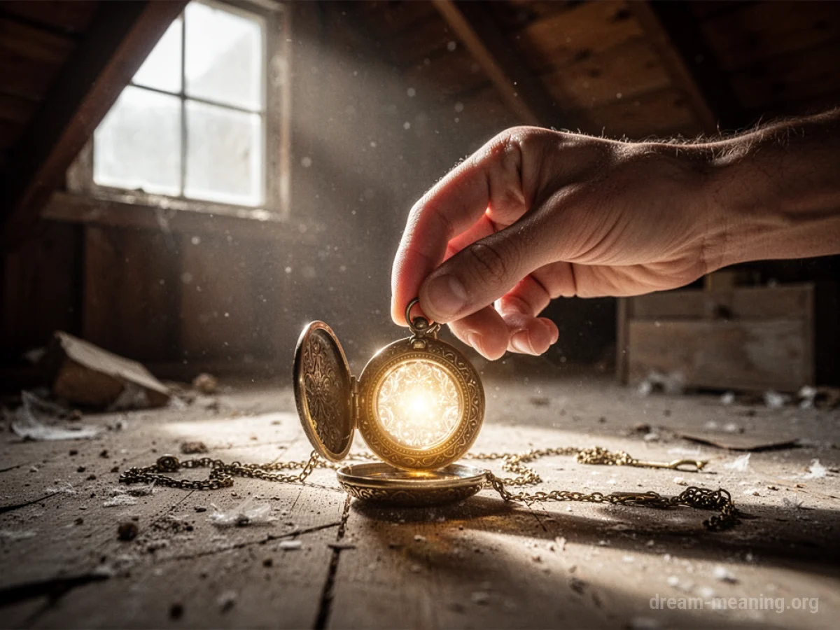 A hand holding a luminous locket found in an attic.