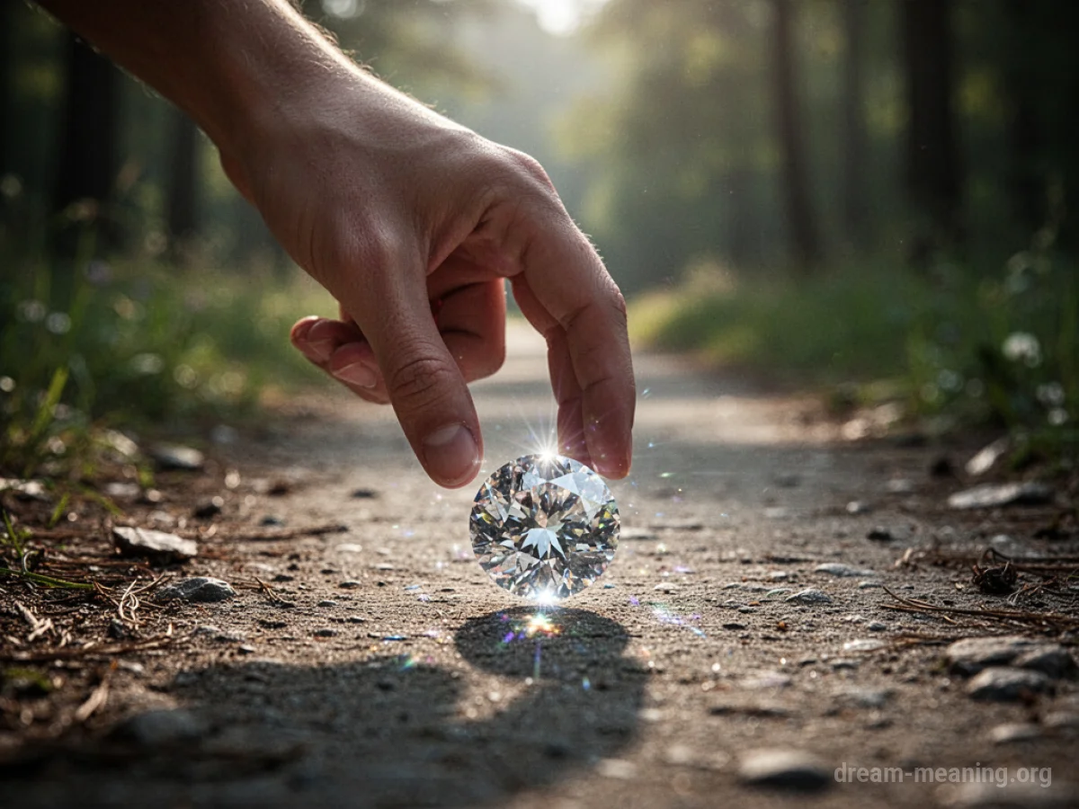 A hand reaching for a bright gemstone lying on a dirt path.