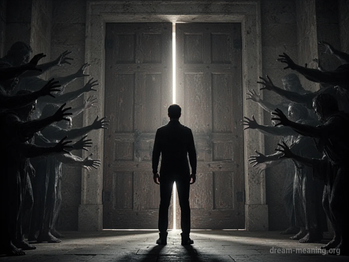 Silhouette of a person facing a large, closed door with shadowy hands reaching towards them.