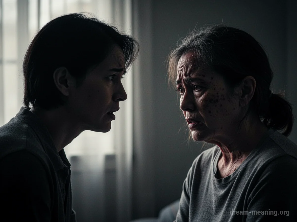 A dimly lit silhouette of a person appearing sick, observed by a concerned silhouette of another person.