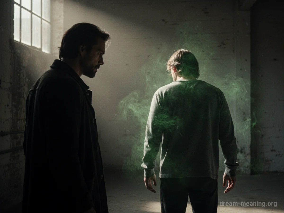 One shadowy figure watches another figure turn away.