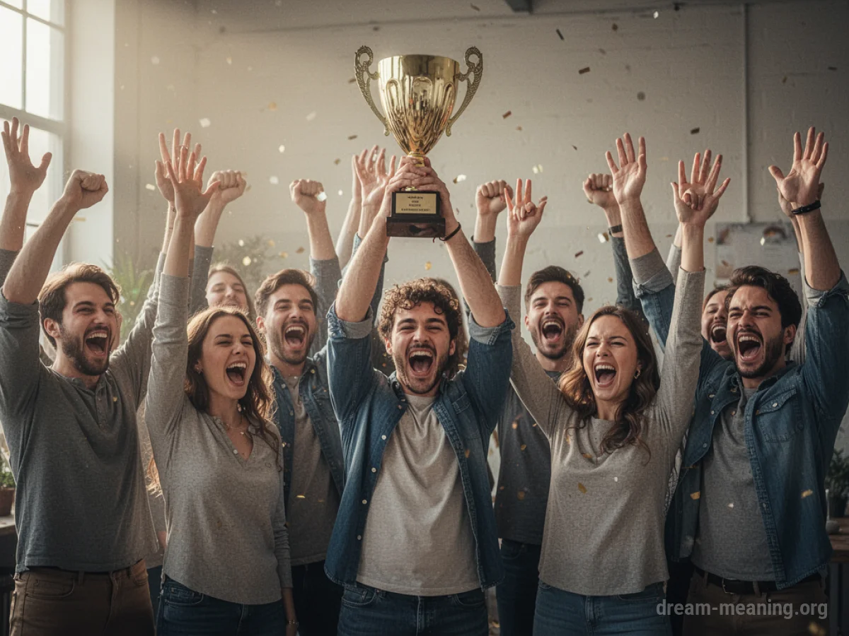Friends celebrating a victory together, with one person holding a trophy.