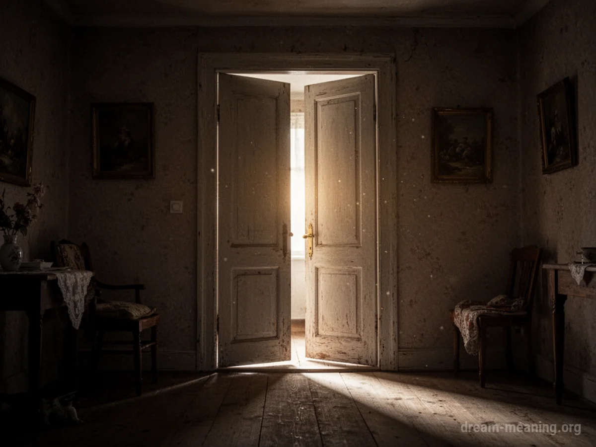 A softly lit doorway in a dark room.