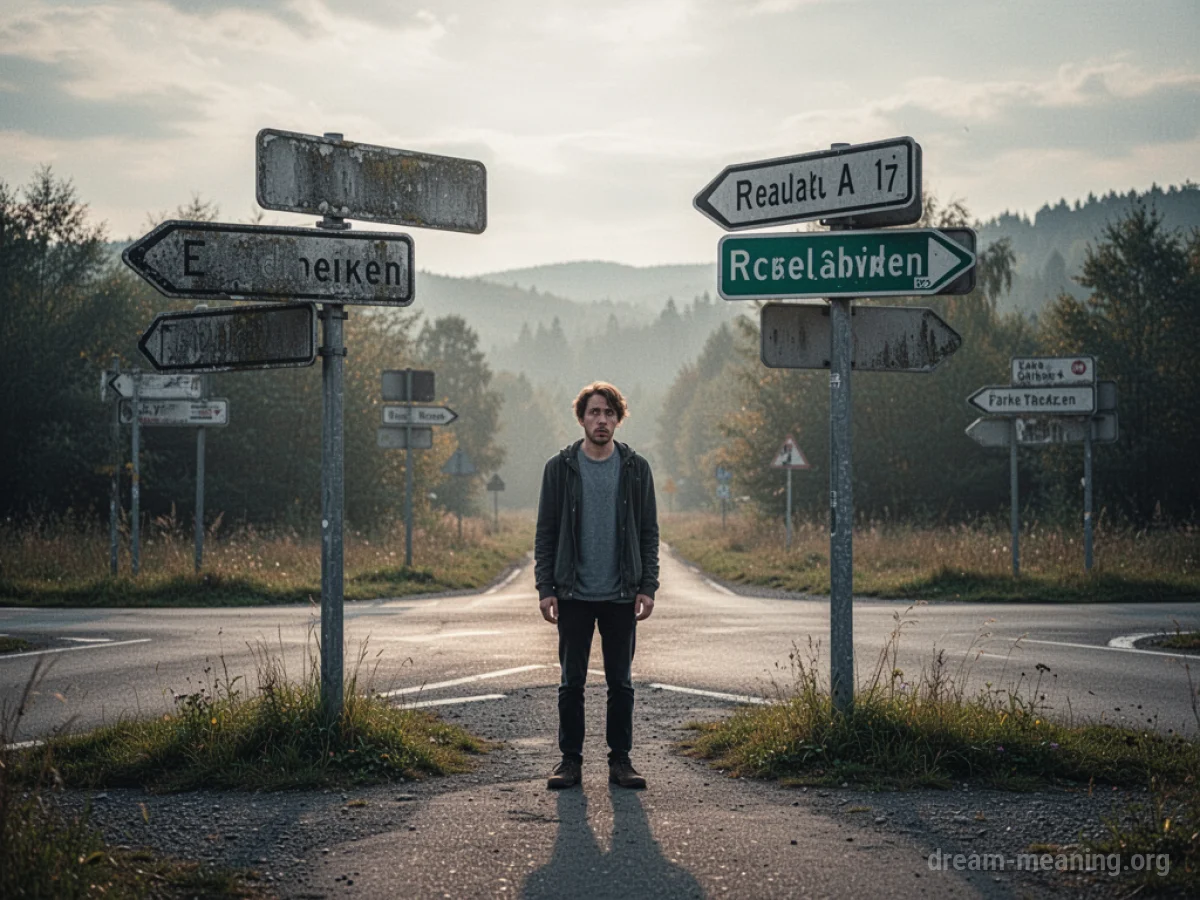 A person at a branching path with confusing signs.