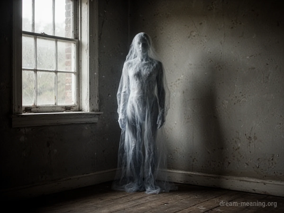 A faint, see-through figure in a dark room.