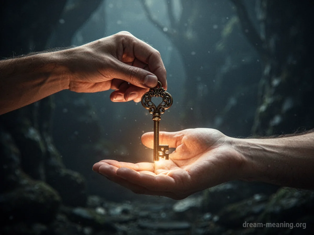 A hand giving a key to another hand.