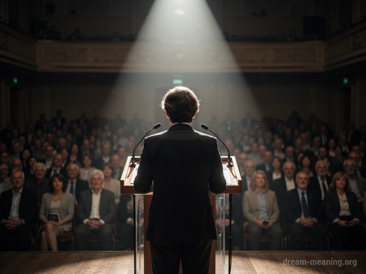 Silhouette of a person at a podium with a microphone.