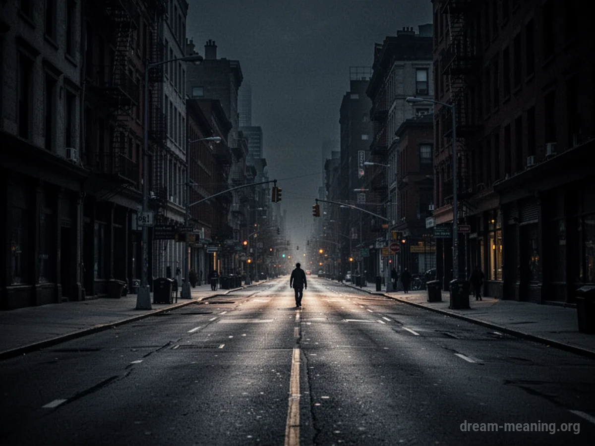 An empty city street with one person walking away in the distance.