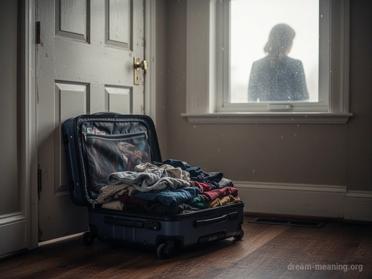 A packed suitcase by a door with a person's silhouette visible through a window.