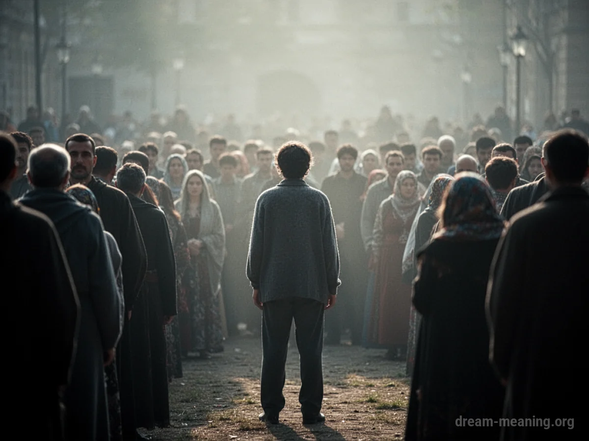 A lone figure in a softly lit space surrounded by blurry shapes of people.