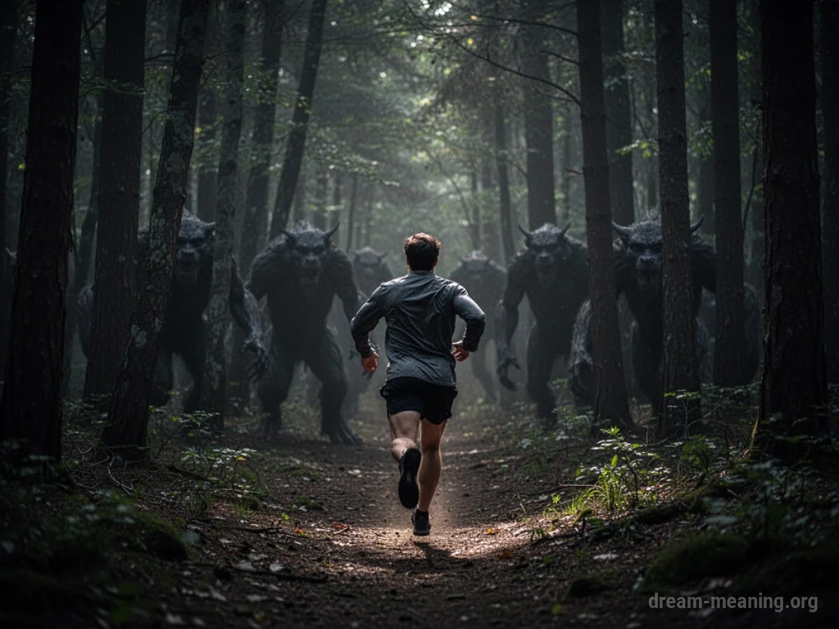 A silhouette of a person running away through a shadowy forest.