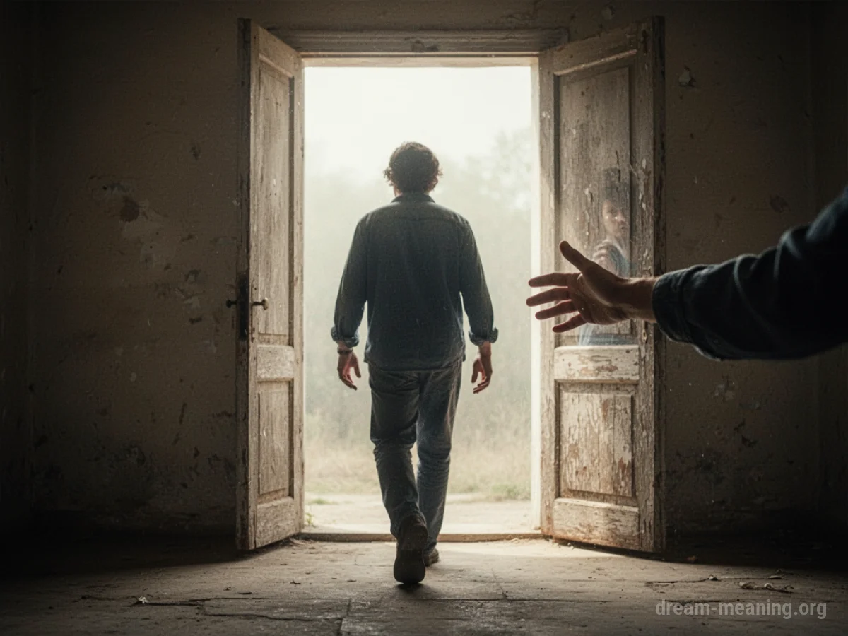 A person turns their back on an outstretched hand emerging from a bright doorway.