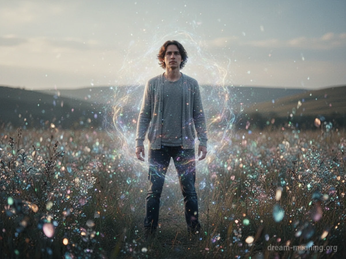 A person standing unharmed amidst swirling, translucent particles.