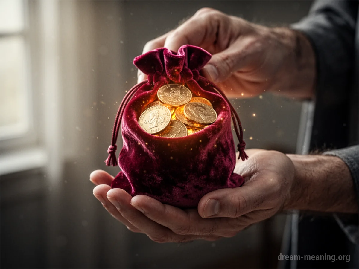 A hand holding a pouch of coins.