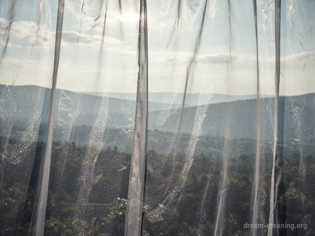 A sheer, almost invisible fabric hanging in the air.