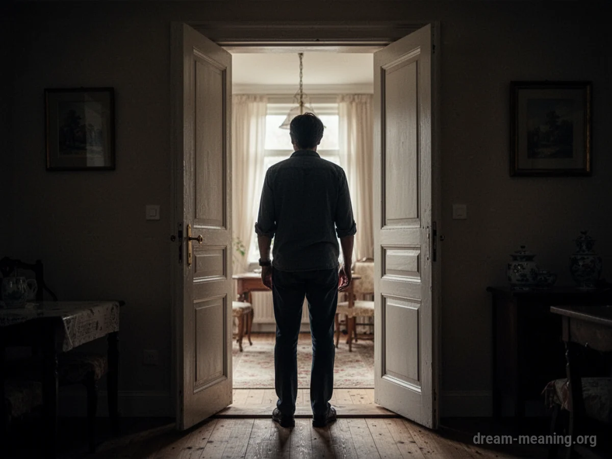 Silhouette of a person standing in an open doorway.