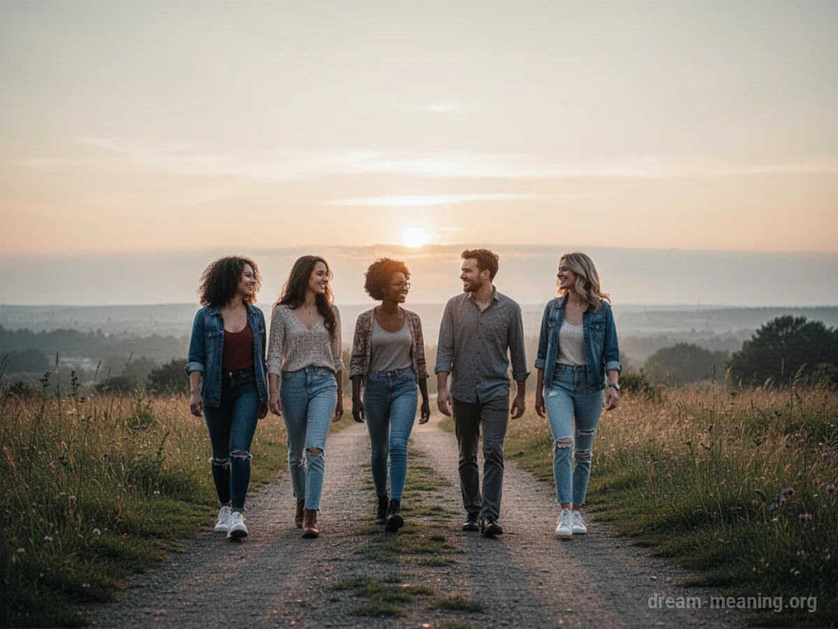 A group of friends walking on a path towards the horizon.