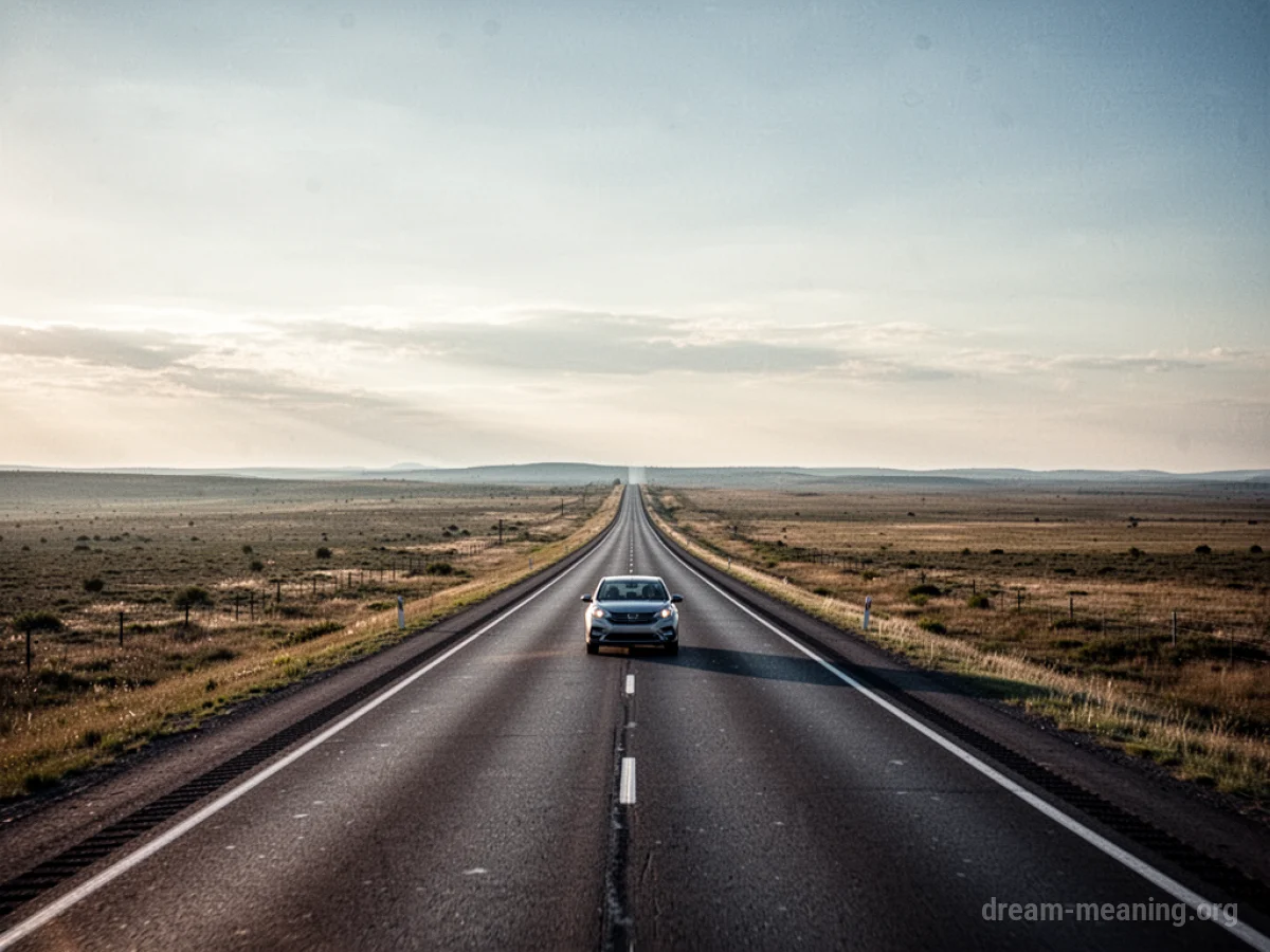 A car on a long, empty highway heading towards the horizon.