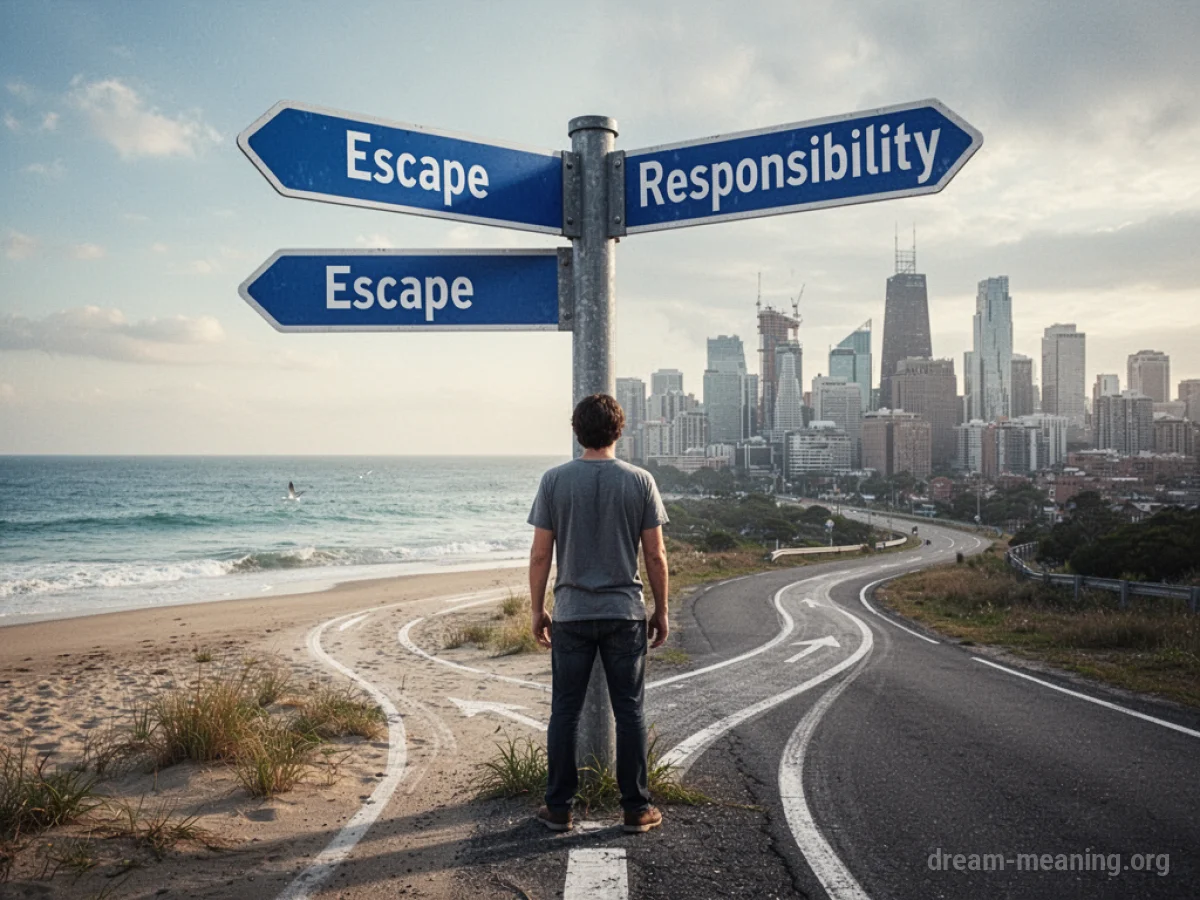 A person at a crossroads with paths leading to a beach and a city.