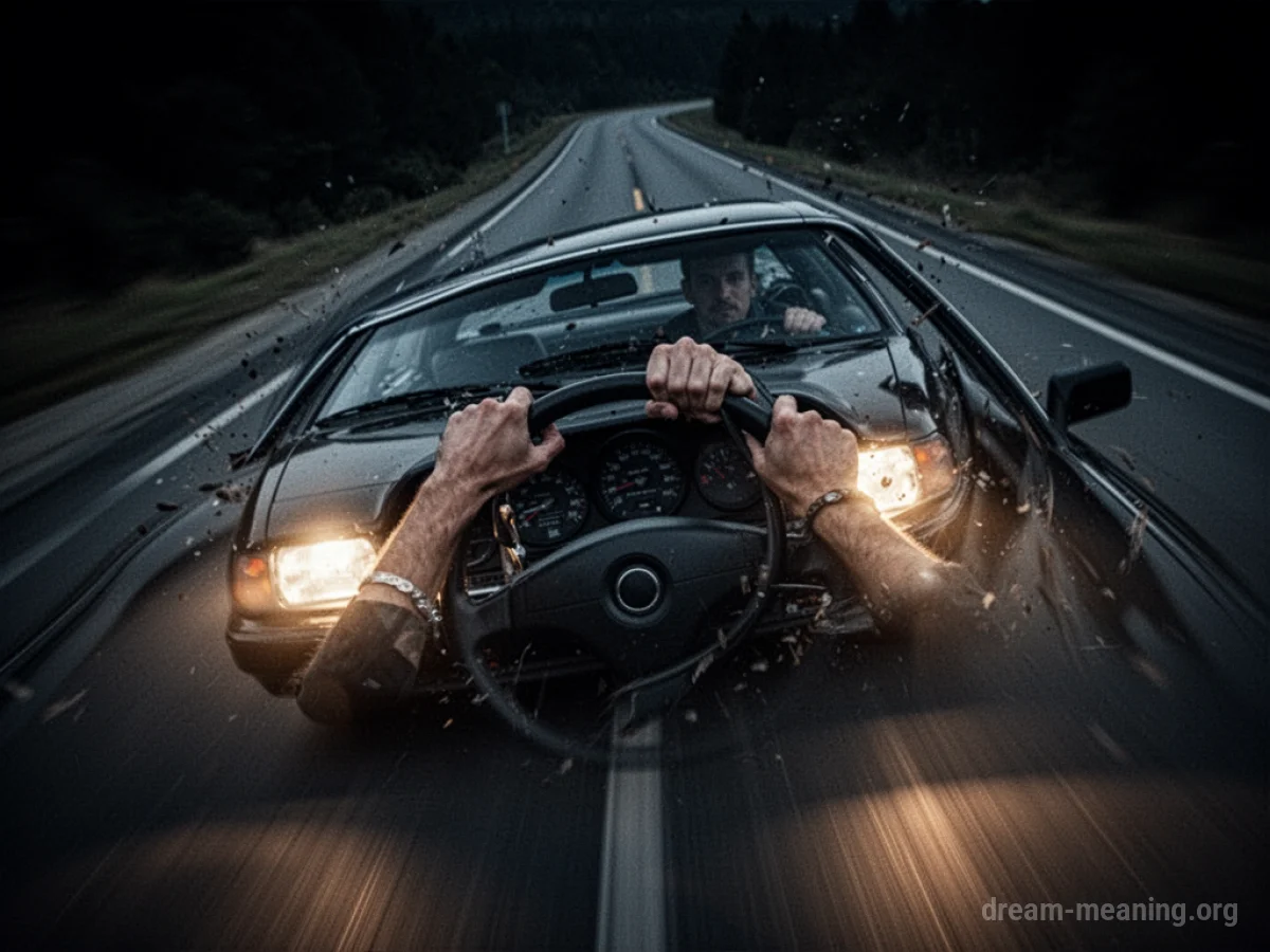 A car swerving on a dark road with hands gripping the steering wheel.