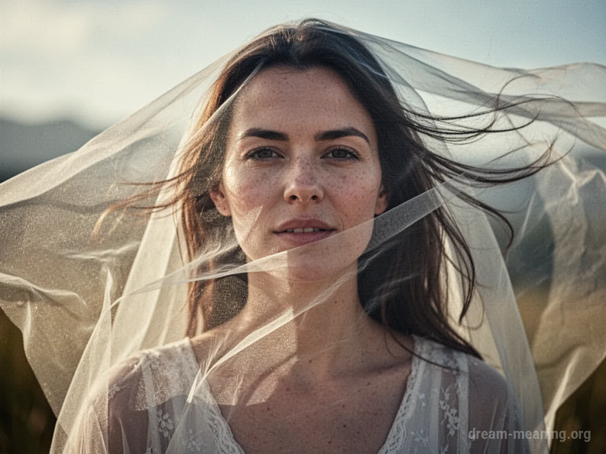 A sheer veil being lifted from a person's face by a breeze.